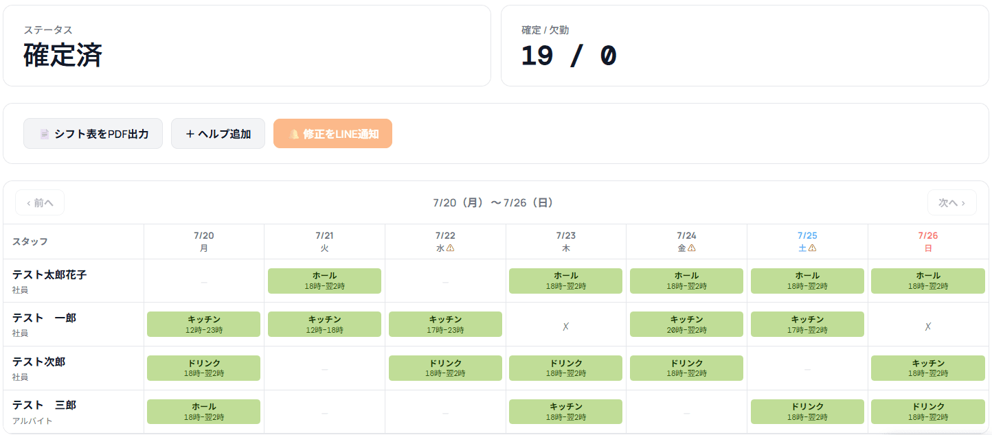 確定済みのシフト表とPDF出力ボタン
